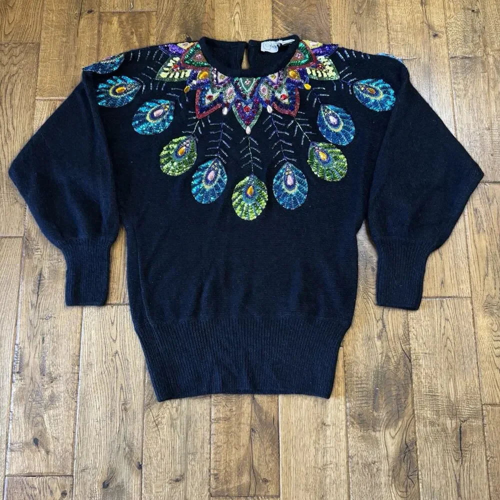 VTG 80’s Cedars Woman Silk Angora Wool Sweater Peacock Feathers Sequin Womens M - Picture 1 of 6